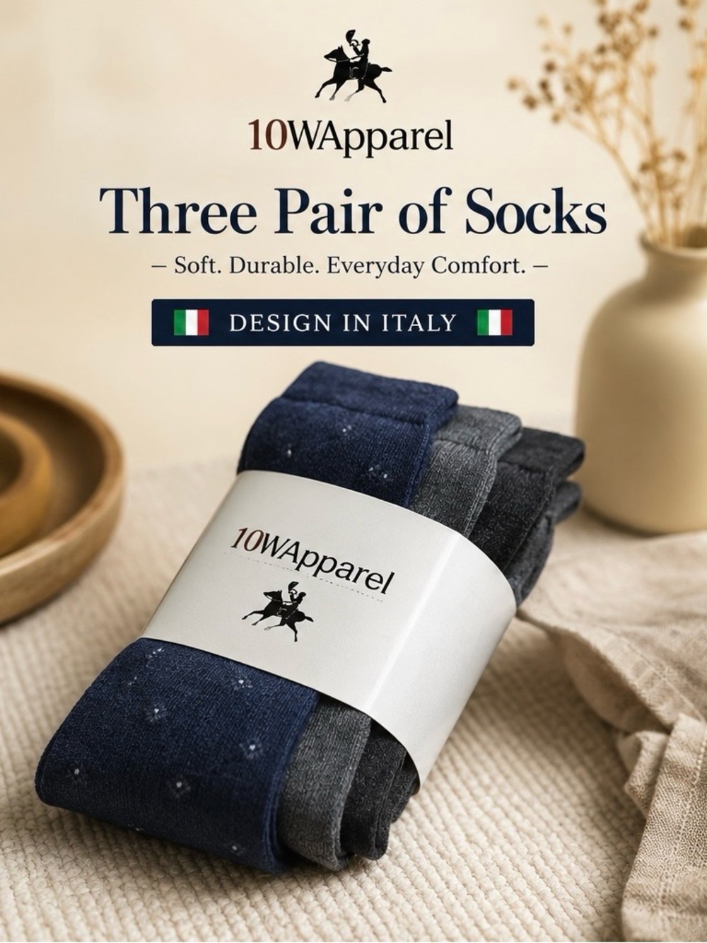 10WApparel Men’s Three-Pack Crew Socks — Navy, Gray, Charcoal
